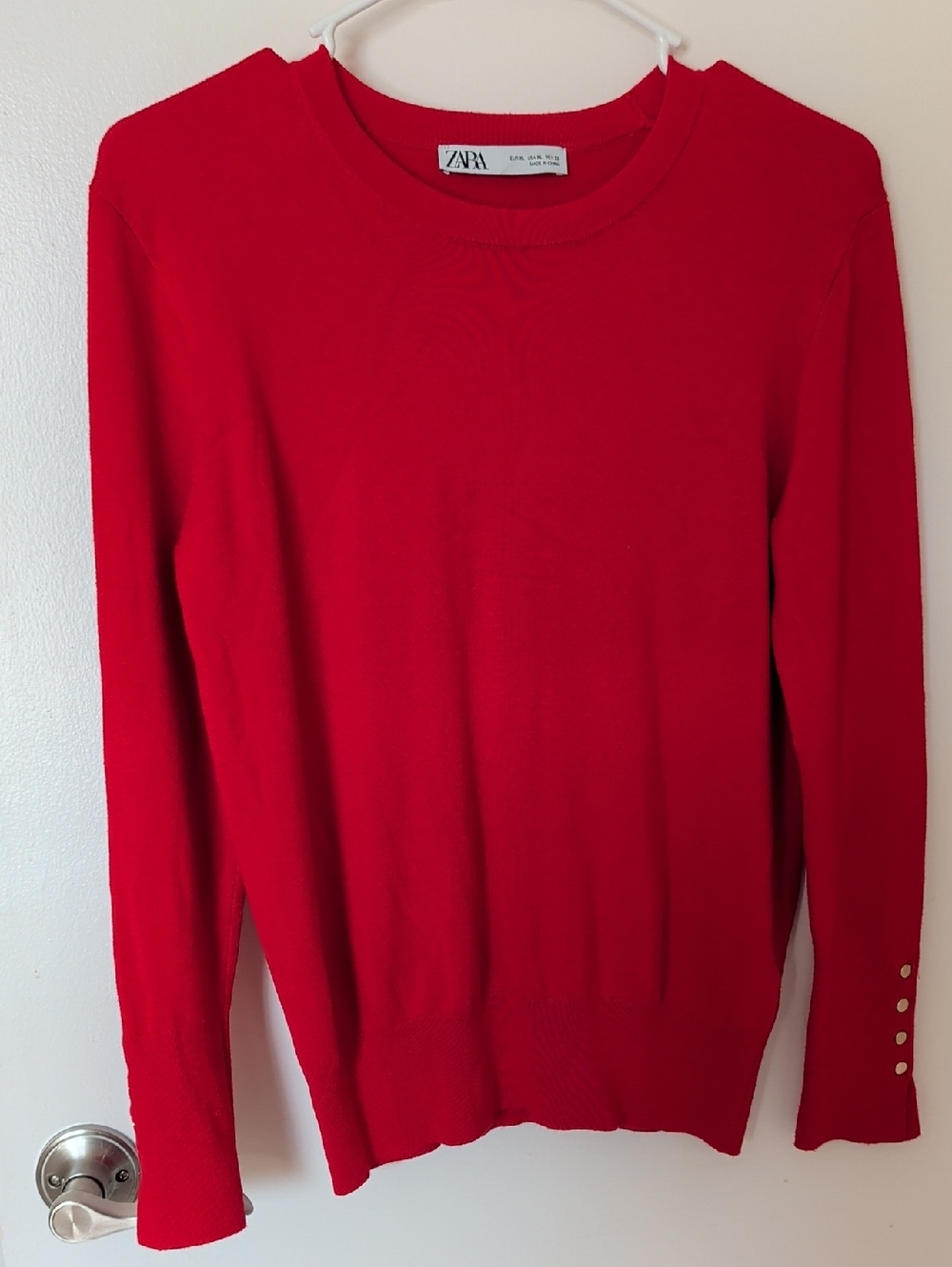Zara Red Crewneck Sweater with Button-Cuff Accents